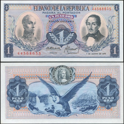 Колумбия. Банкнота 1 песо оро. 07.08.1973. Unc. Бумага. Кат# P.404e