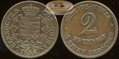 Германия (Саксония-Кобург-Гота). 2 пфеннига. 1856 F (XF)