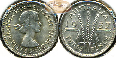 Австралия. 3 пенса. 1957 (Unc. Серебро)