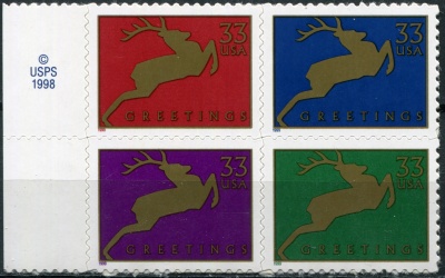 США. 1999. Рождество 1999. Прыгающий олень (Квартблок. MNH OG)