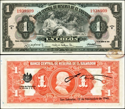 Сальвадор. Банкнота 1 колон. 12.11.1946. Unc. Бумага. Кат.# P.75