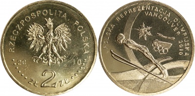 Польша. Монета 2 злотых. 2010 (KM#Y.715. Unc) Польская сборная на Олимпиаде в Ванкувере. 2010