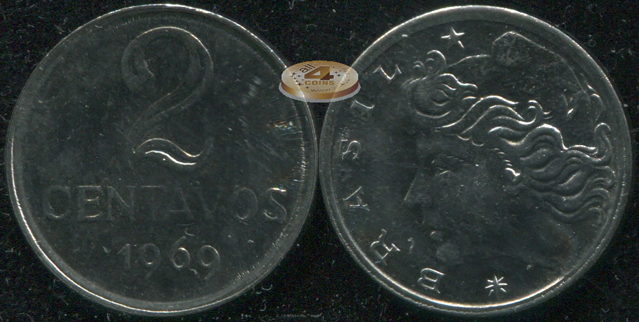 Бразилия. Монета 2 центаво. 1969 (KM#576.2. Unc)