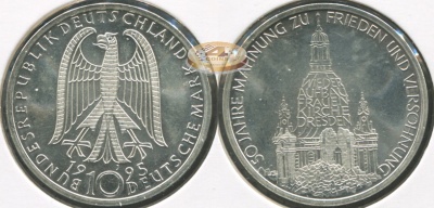Германия [ФРГ]. Монета 10 марок. 1995.J (Unc. Серебро) 50-летие разрушения Фрауэнкирхе в Дрездене