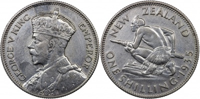 Новая Зеландия. Монета 1 шиллинг. 1935 (KM#3. XF/aUnc. Серебро)