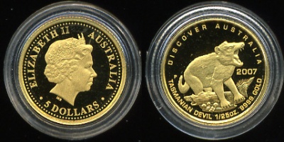Австралия. 5 долларов. Тасманский Дьявол. 2007 (Proof. Золото) 