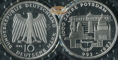 Германия (ФРГ). 10 марок. 1993.F (Proof. Серебро)