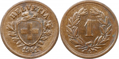 Швейцария. Монета 1 раппен. 1941.B (S.1215 / KM#3.2. XF/aUnc)
