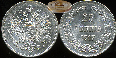 Финляндия (Российская). 25 пенни. 1917 (XF+. Серебро)