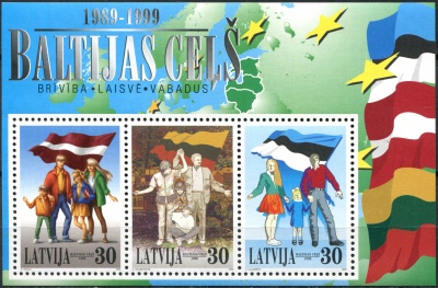 Латвия. 1999. 10-летие Балтийской цепи (Почтовый блок. MNH OG)