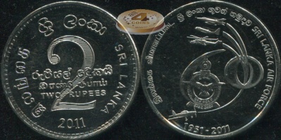 Шри-Ланка. 2 рупии. 2011 (Unc) 60 лет Военно-Воздушным силам Шри-Ланки