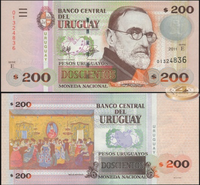 Уругвай. Банкнота 200 песо. 2011. Unc. Бумага. Кат# P.89c