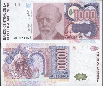 Аргентина. Банкнота 1000 аустрaлей. ND (1988). Unc. Бумага. Кат# P.329a [Serie A]