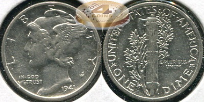 США. 10 центов (Дайм). 1941 (XF+. Серебро)