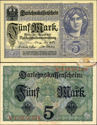 Германия [Кайзеррейх]. Банкнота 5 марок. 01.08.1917. Unc. Бумага. Кат.# Rb.54c (Serie V)