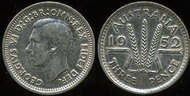 Австралия. 3 пенса. 1952 (XF. Серебро)