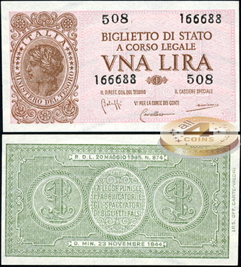 Италия. 1 лира (Unc) 1944