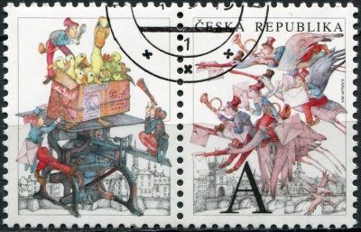 Чехия. 2015. Пражский Карлов мост. Почтовые гномы; графика Душана Каллая (Сцепка. CTO Гашеная)
