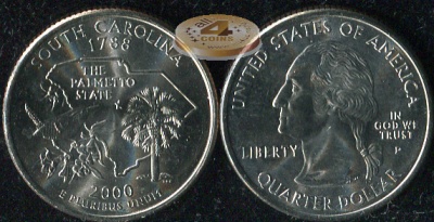 США. Монета 25 центов [Квотер]. 2000.P (KM#307. Unc) Южная Каролина