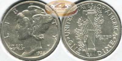 США. Монета 10 центов [Дайм]. 1935 (KM#140. aUnc+. Серебро) Winged Liberty (Mercury) dime