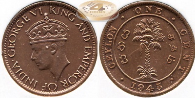 Цейлон (Британский). 1 цент. 1945 (Unc)