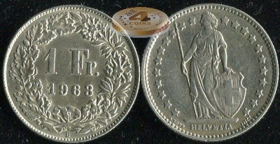 Швейцария. 1 франк. 1963 (aUnc+. Серебро)