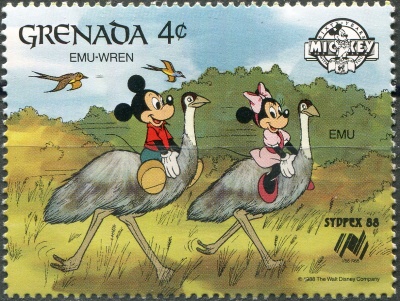 Гренада. 1988. Микки и Минни Маус катаются верхом на эму (Почтовая марка. MNH OG)