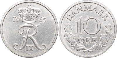 Дания. Монета 10 эре. 1965 (KM#849.1. XF/aUnc)