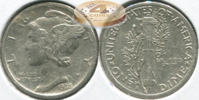 США. 10 центов [Дайм]. 1938.S (VF+. Серебро)