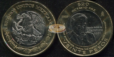 Мексика. Монета 20 песо. 2010.M° (KM#943. Unc. Биметалл) Октавио Пас. Лауреат Нобелевской премии