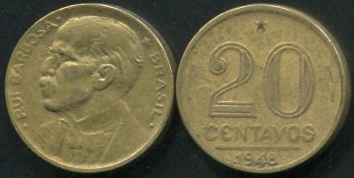 Бразилия. Монета 20 центаво. 1948 (KM#562. VF) Руй Барбоза