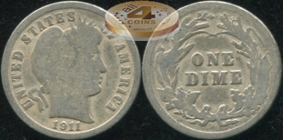 США. 10 центов (Дайм). 1911 (G/AG. Серебро)