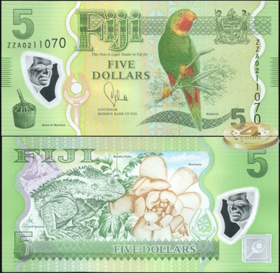 Фиджи. Банкнота 5 долларов. ND(2013). Unc. Replacement. Пластик. Кат.# P.115a