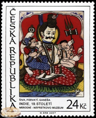 Чехия. 2007. Шива, Парвати, Ганеша. Индия. Живопись на стекле. 19 век (Почтовая марка. MNH OG)