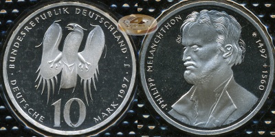 Германия (ФРГ). 10 марок. 1997 J (Proof. Серебро)