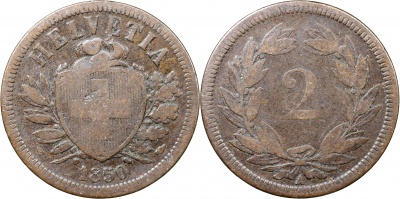 Швейцария. Монета 2 раппена. 1850.A (S.1213 / KM#4.1. F/VF)