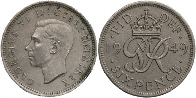 Великобритания. Монета 6 пенсов. 1949 (KM#875. Unc)