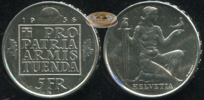 Швейцария. 5 франков. 1936 B (Unc. Серебро)