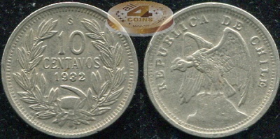 Чили. Монета 10 центаво. 1932 (KM#166. VF)