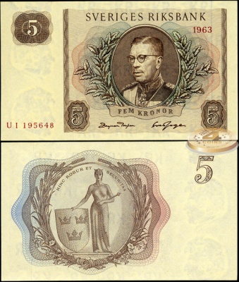 Швеция. 5 крон (Unc) 1963