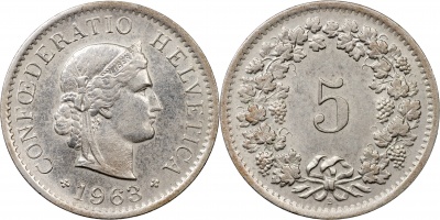 Швейцария. Монета 5 раппенов. 1963.B (S.1212 / KM#26. aUnc/Unc)