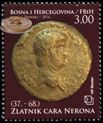 Босния и Герцеговина. 2014. Золотая монета императора Нерона (Почтовая марка. MNH OG)