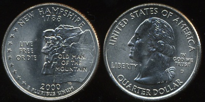 США. Монета 25 центов [Квотер]. 2000.D (KM#308. Unc) Нью-Гэмпшир