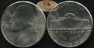 США. Монета 5 центов [Никель]. 2003.P (KM#A192. Unc) Jefferson Nickel