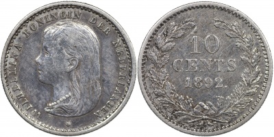 Нидерланды. Монета 10 центов. 1892 (KM#116. XF. Серебро)