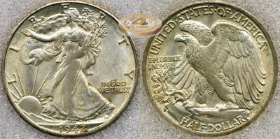 США. 1/2 доллара. 1942 (D) (BU / MS-63. Слаб. Серебро)