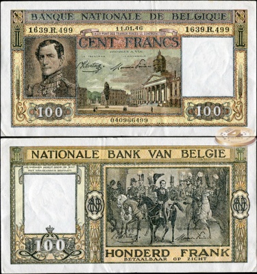 Бельгия. 100 франков (XF++. Степлер) 1946