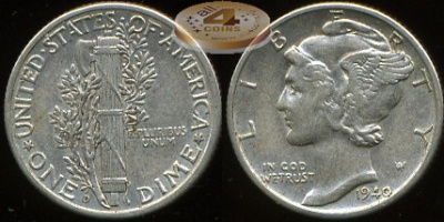 США. 10 центов (Дайм). 1940.D (aUnc. Серебро)