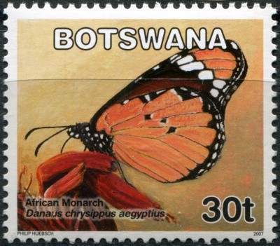 Ботсвана. 2007. Бабочки: Данаида хризипп (Danaus chrysippus aegyptius) (Почтовая марка. MNH OG)