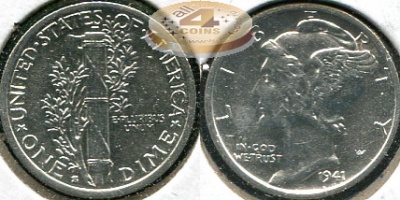 США. 10 центов (Дайм). 1941.S (aUnc+. Серебро)
